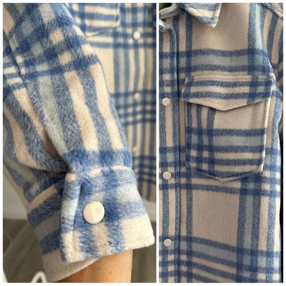 NWT H&M Plaid Shacket Jacket Beige Blue Side And Front Pockets Lined M L XL - Picture 3 of 4